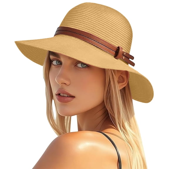 CBASIHI Womens Wide Brim Packable Sun Hats- Leather Belt UV Protection Straw Floppy Summer Travel Beach Straw Hats Khaki Size Free Size