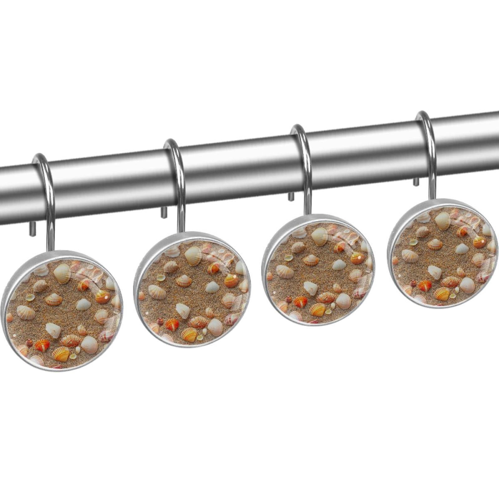 Sea Shells on Beach Sand Shower Curtain Hooks Round Crystal Glass, Set of 12 Shower Curtain Rings - Shower Hooks for Curtain Shower Rings