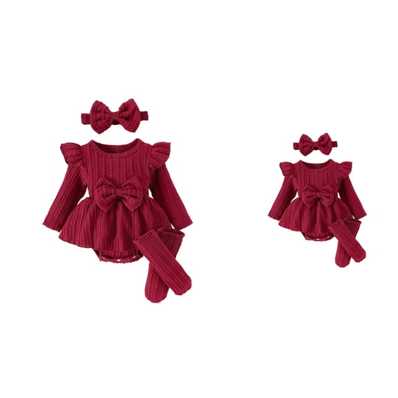 Winter Baby Girl Knit Bow Jumpsuit Romper Dress with Hat & Socks – Toddler Girls' 3-24M Fall Winter Outfit for Photoshoot & Holiday Party