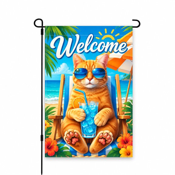 Welcome Summer Cat Garden Flag 12 x 18 Inch – Tropical Beach Decor for Patio, Yard, Porch – Fun Kitty with Sunglasses and Drink – Outdoor Decorative Flag
