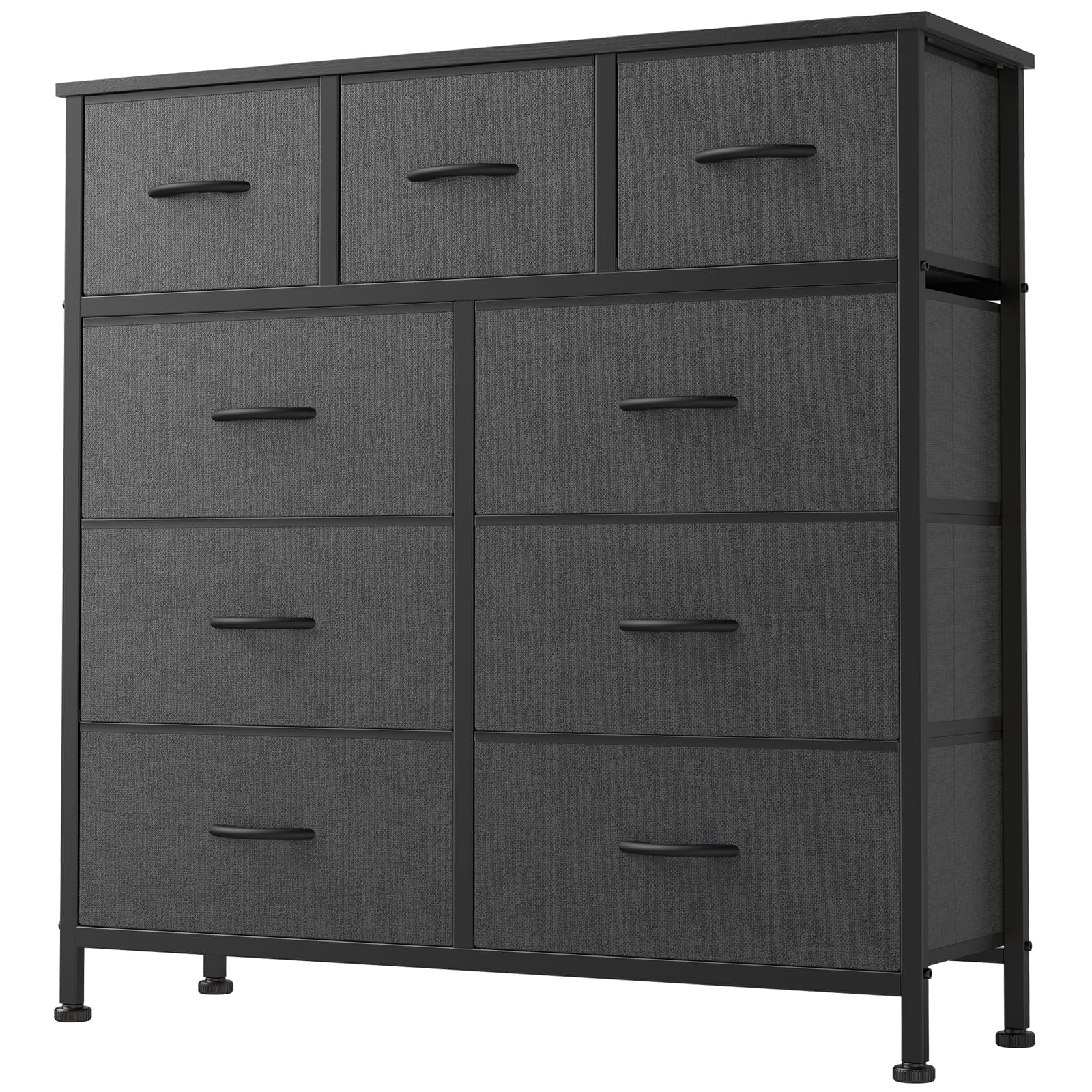Telyra 9-Drawer Fabric Dresser Tall Storage Tower with Wood Top and Steel Frame Bedroom Closet Organizer, Gray