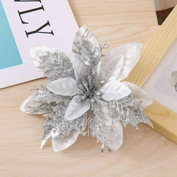 6 Pcs 5.5" Glitter Poinsettia Artificial Christmas Flowers with Clips Stems, Decorations Tree Flower for Valentines Day New Year Wedding Party Xmas Tree Ornament Wreath Decoration Silver