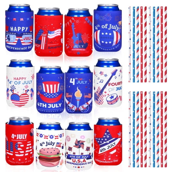 Forfamy 4th of July Decoration Can Cooler Sleeves, 12 Pcs Independence Day Can Party Supplies USA Flag Insulated Collapsible 4th of July Cooler Sleeves for Patriotic Memorial Day