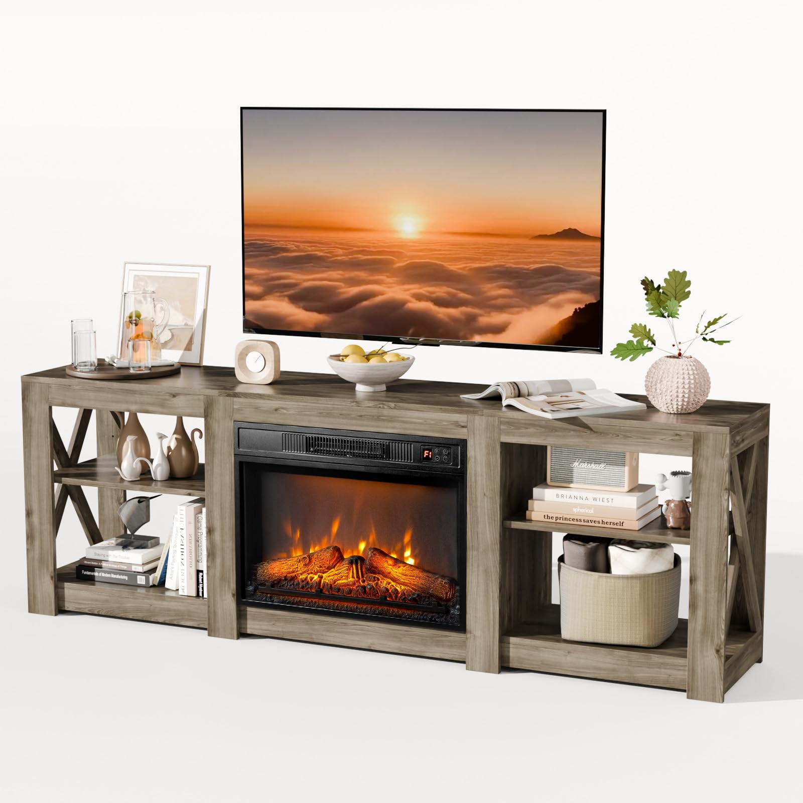 Fireplace TV Stand for up to 80 inch TVs, Farmhouse Entertainment Center with Electric Fireplace Heater & Adjustable Shelves, Fireplace Media Console Table for Living Room, Gray Oak