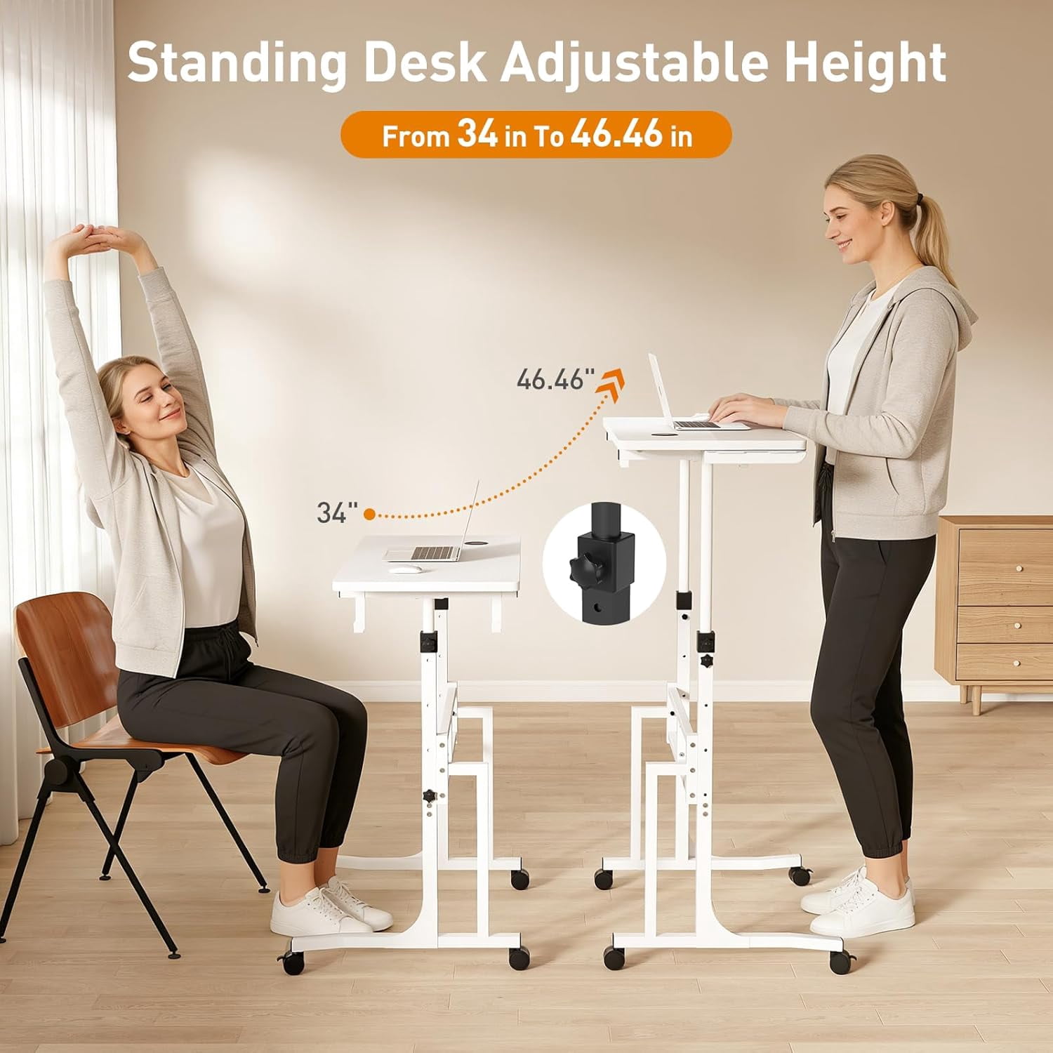 Standing Desk with Wheels, Adjustable Treadmill Desk, Rolling Bike Trainer Desk for Walking Pad Laptop, Phone Standing, White