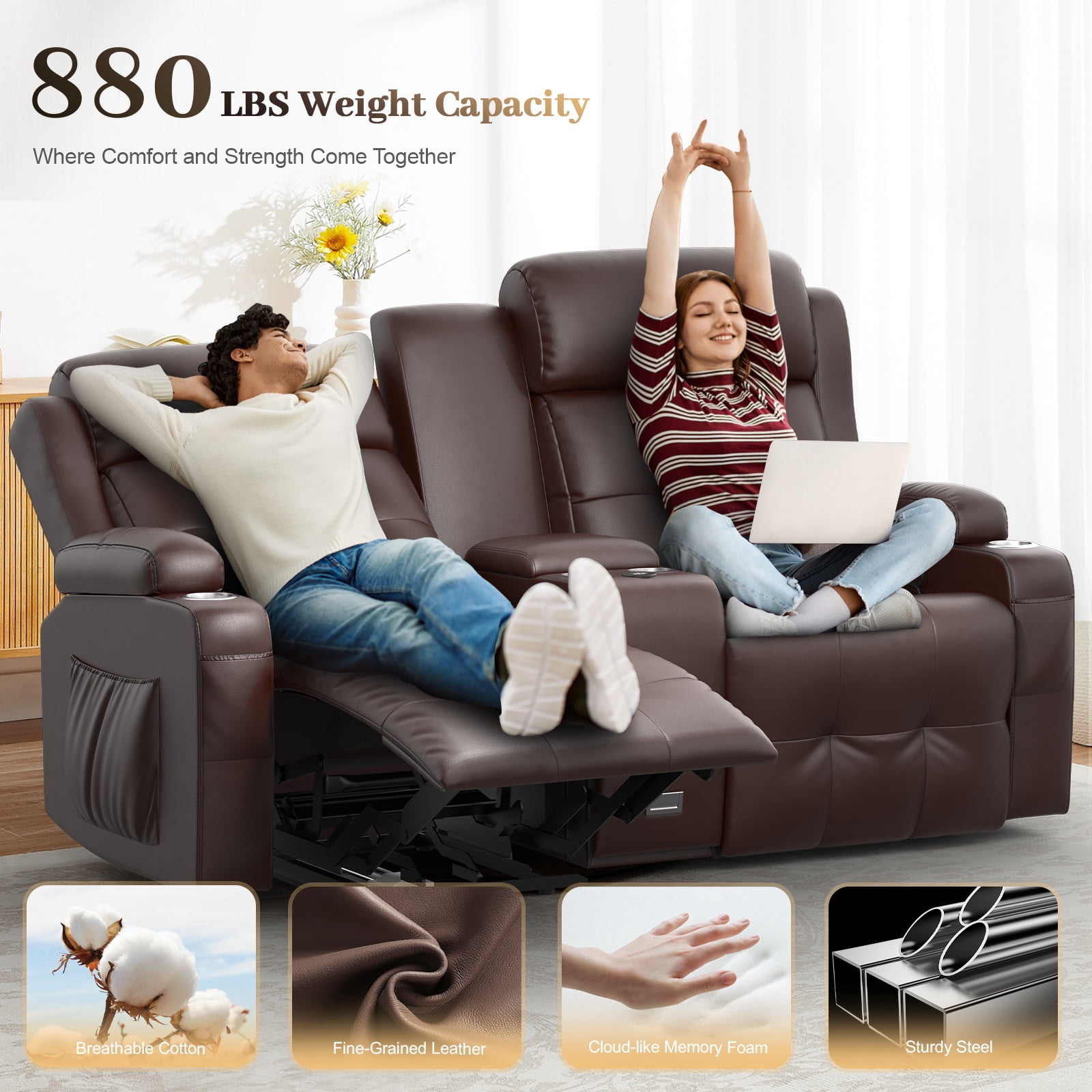 LOBERFVE Loveseat Recliner, 2 Seater Manual Recliner with Cup Holders, USB and Type-C Port, Faux Leather Recliner Chair with Massage Function for Living Room Furniture, Brown