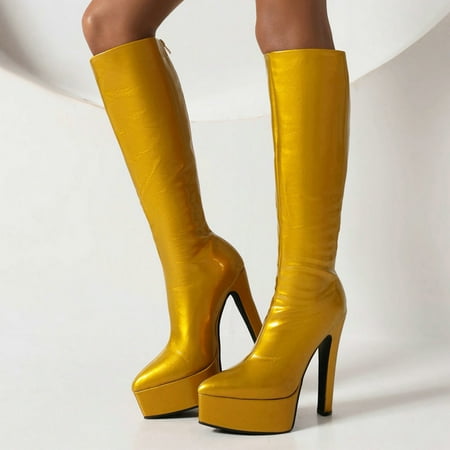 

Akiihool Womens Work Boots Comfortable Women s Knee High Riding Boots Comfortable Low Heel Low Heel Stretchy Round Toe with Side Zipper (Yellow 6)