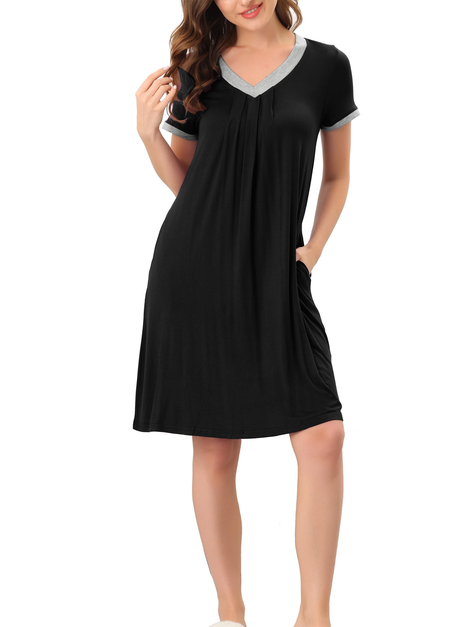 Unique Bargains Women's Pajama V-Neck Nightshirt Sleepwear with Pockets Lounge Nightgown