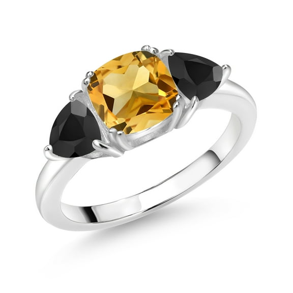 Gem Stone King 925 Sterling Silver Yellow Citrine and Black Onyx 3 Stone Engagement Ring for Women (2.12 Cttw, Gemstone November Birthstone, Available in Size 5, 6, 7, 8, 9)