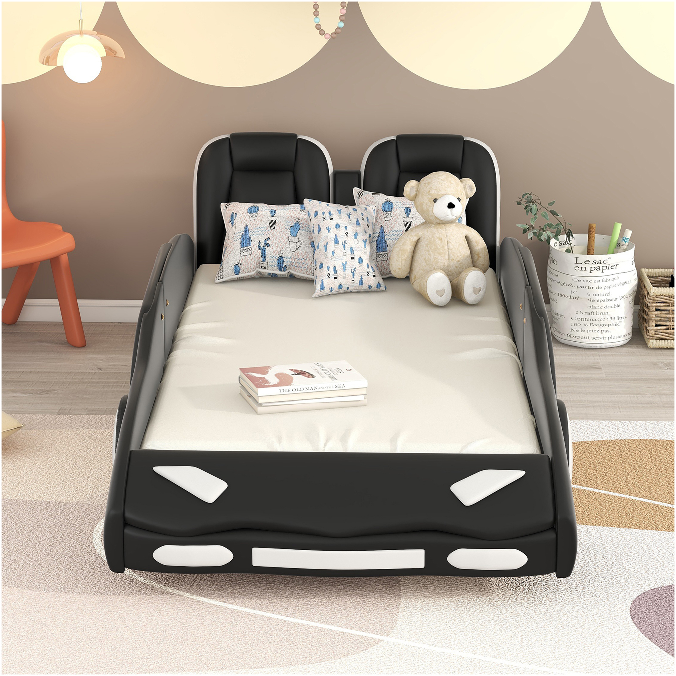 JERFIT Twin Size Race Car Platform Bed with Wheels, Black, Pine Wood Frame, No Box Spring Needed
