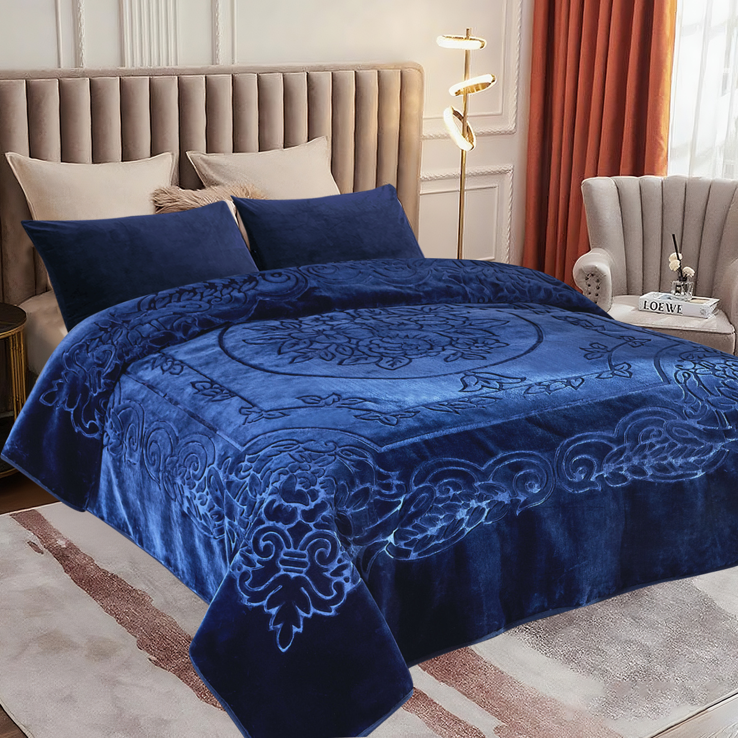 Heavy Thick Fleece Blanket King Size, 9lbs,1 Ply Silky Soft Warm Flower Embossed Raschel Winter Blanket, Minky Soft Plush Blanket for Sofa Bed, 85"x95", Navy Blue