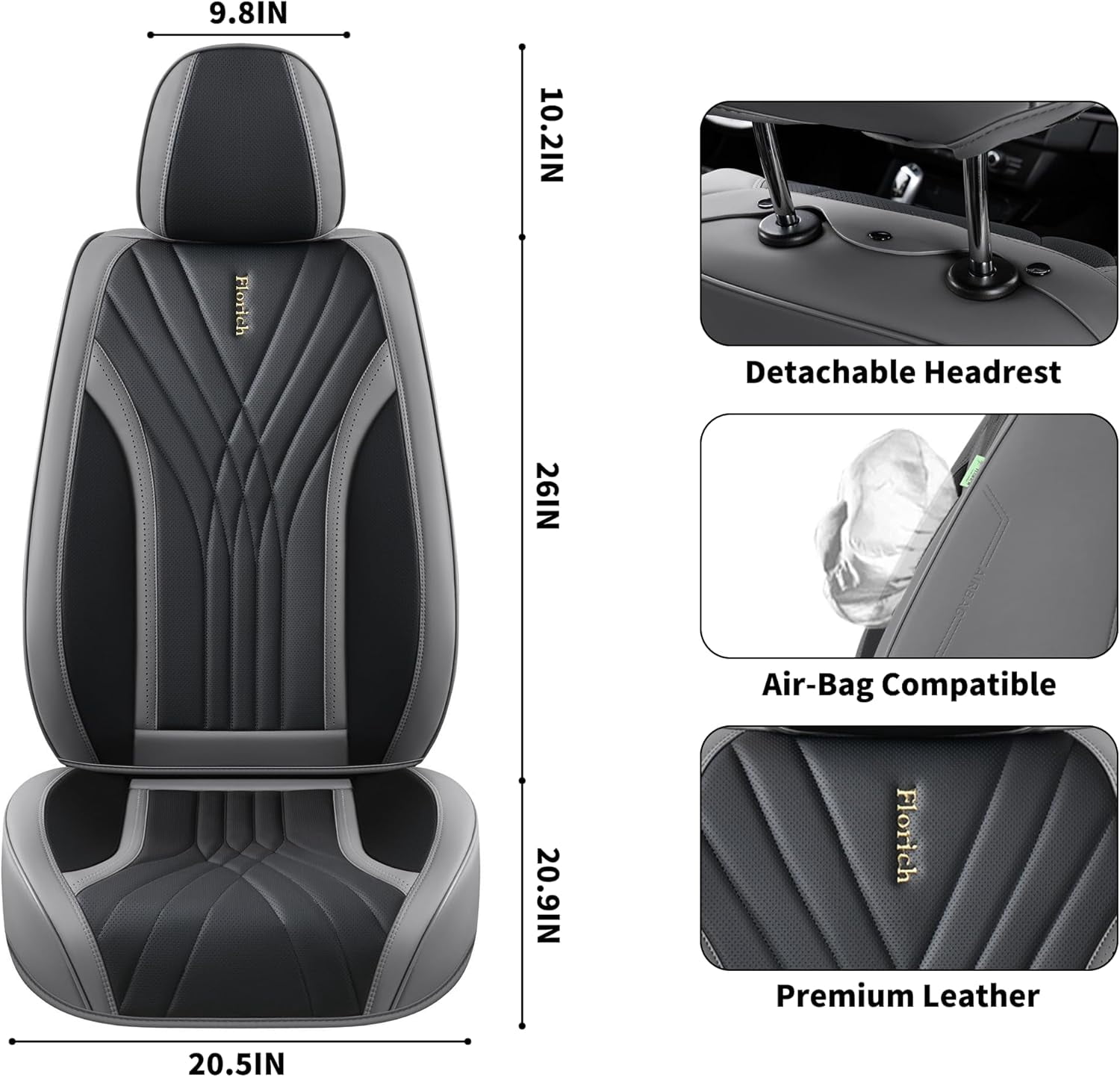 FLORICH Car Seat Covers Full Set, Luxury Design Front and Rear Seat Protectors, Universal Auto Interior Accessories Fit for Most Cars, Black & Gray