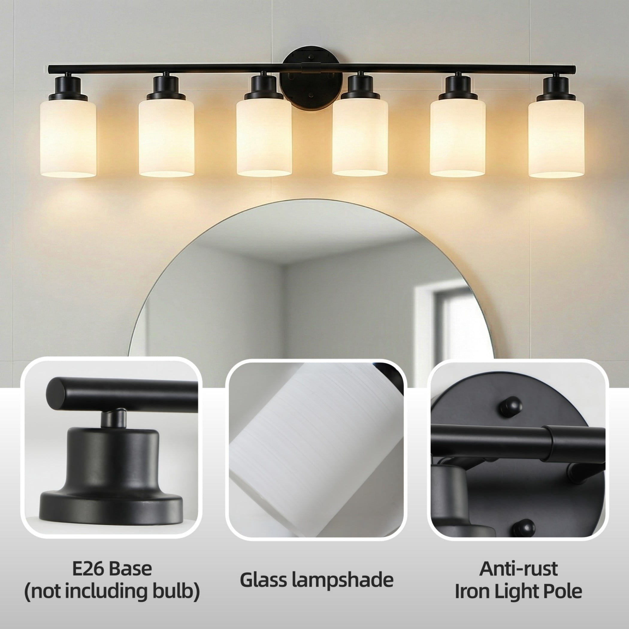39" Modern Black Vanity Light, 6-Light Bathroom Wall Sconce with Frosted Glass Shades, Wall Mount Lighting for Mirror or Hallway (No Bulbs)