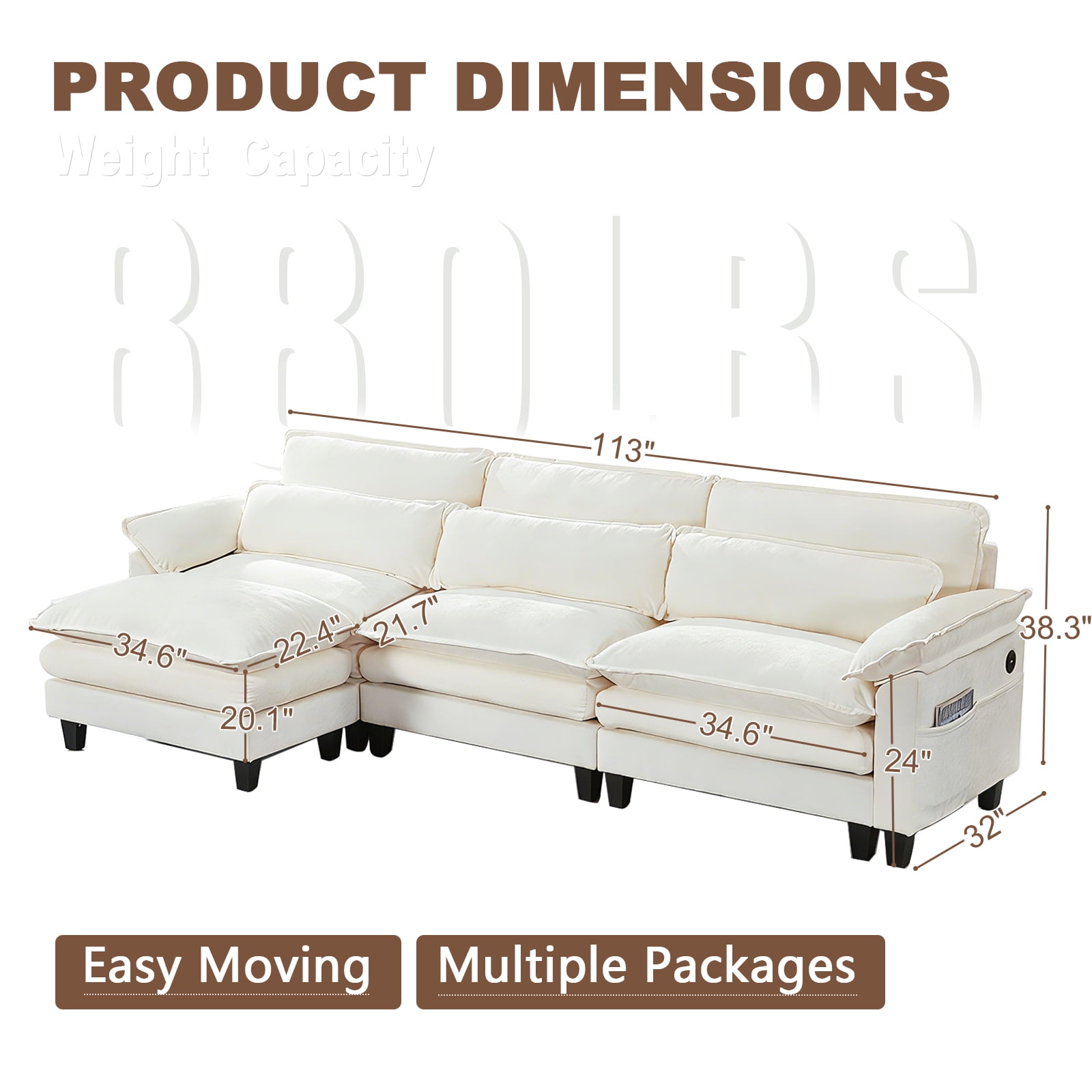 Aisword 113" Modular Sectional Sofa,L Shaped Modern Cloud Couch with Ottoman,3-Seat Chenille Deep Seat Sofa,USB Port,Beige