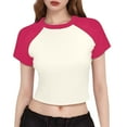 thumbnail image 2 of qolati Womens Summer Tops Y2k Stretchy Short Sleeve T-Shirts Slim Fitted Raglan Color Block Crop Tops 2025 Basic Casual Tees, 2 of 3