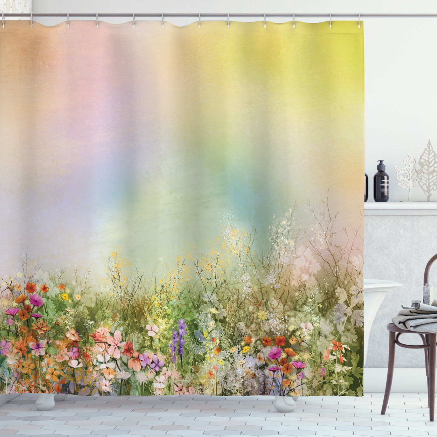 70" Floral Art Painting Peony Bathroom Waterproof Fabric Shower Curtain & Hooks 