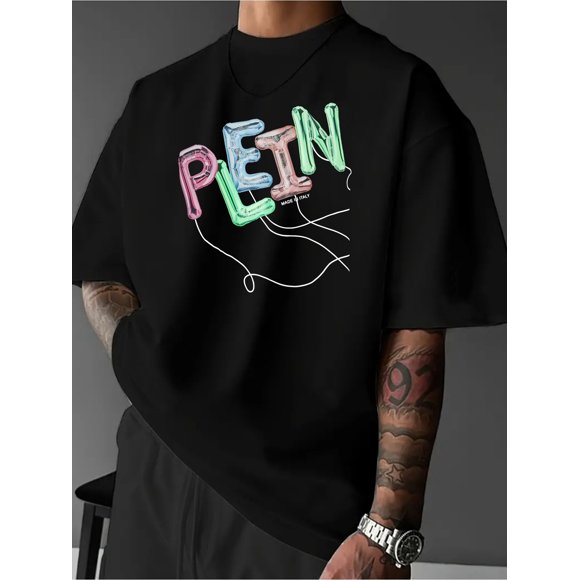 Men's Casual Cotton T-Shirt with Playful "PLEIN" Graphic Print- Soft Breathable Fabric, Loose Fit Round Neck Short Sleeve Tee for Everyday& Outdoor Wear, Machine Washable, Cotton T