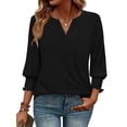 thumbnail image 2 of Camiseta WIHOLL para mujer, manga 3/4, cuello en V, plisada, negra, talla grande, 2 of 5