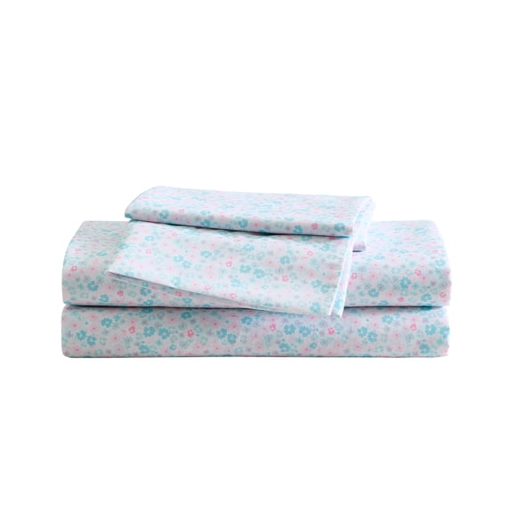 Betsey Johnson Leopard Rosettes White & Pink & Aqua Queen Sheet Set, Soft Easy-Care Bedding, Machine Washable