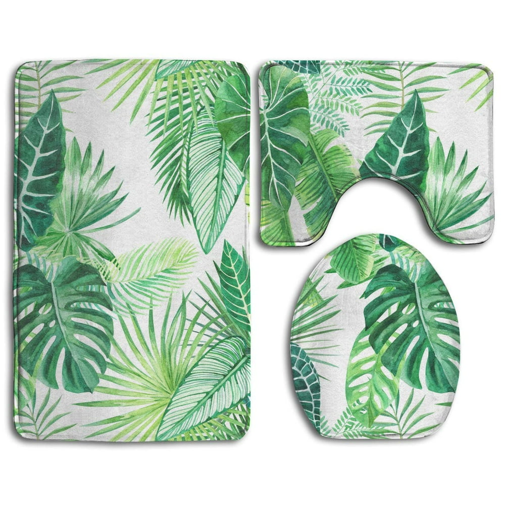 GOHAO Tropical Green Leaves 3 Piece Bathroom Rugs Set Bath Rug Contour