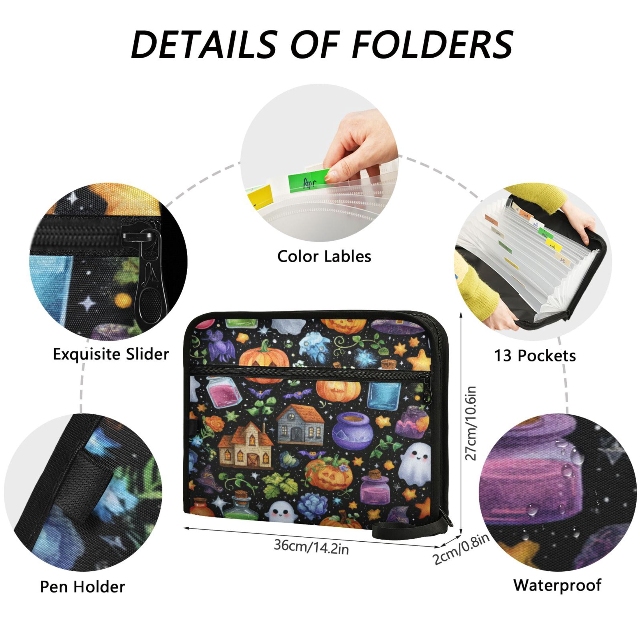 13 Individual Pockets Organ Folder Waterproof A4 Size File Folder Home Work Office Categorized Storage File Manager Spooky Halloween Fabric