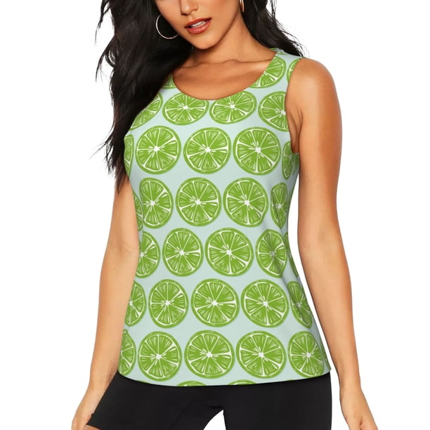 Fotbe Green Lemon Slices Blusas Sin Mangas para Mujer – Estilo Casual, Corte Suelto, Slim-Fit, Cuello Redondo Deportivo, Tops de Verano para Gimnasio y Yoga-Large