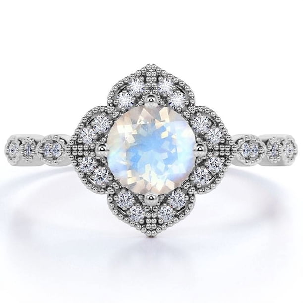 JeenMata Anillo de Bodas de 1,75 Quilates con Piedra Lunar Arcoíris Facetada Redonda y Detalle de Moissanita en Oro Blanco de 18 K sobre Plata