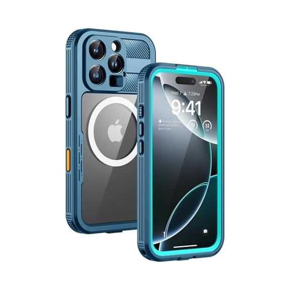 Magnetic for iPhone 16 Pro Max Case, IP68 Waterproof Dustproof Case, [Compatible with Magsafe] [Built-in Screen Protector] Full Body Heavy Duty Rugged Phone Cover 6.9 inch, Blue/Clear