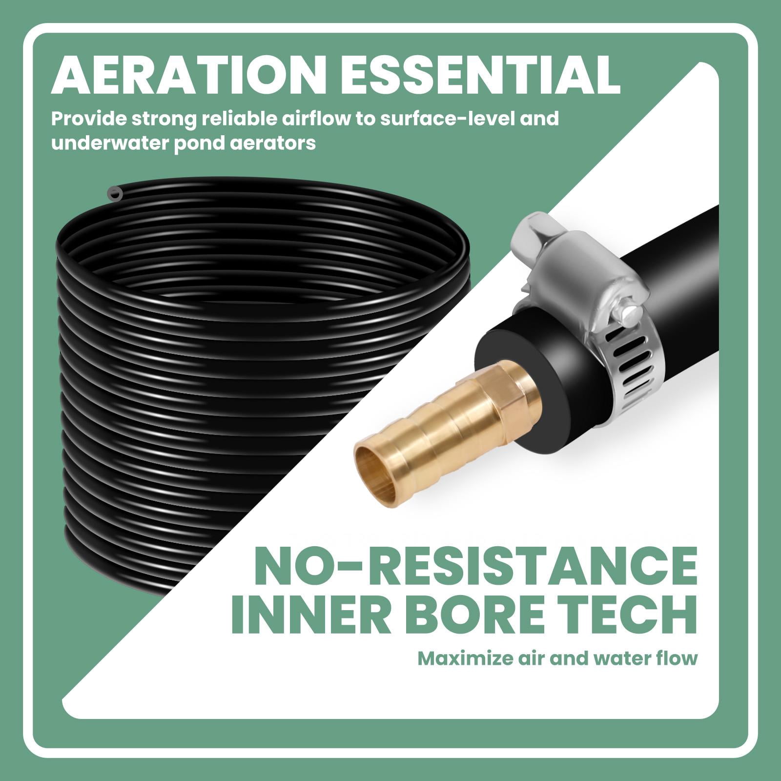 328 FT Self Sinking Pond Air Hose, Weighted PVC Tubing 3/8" ID, 45 lbs, -120°F to 175°F, with Brass Fittings for Aeration