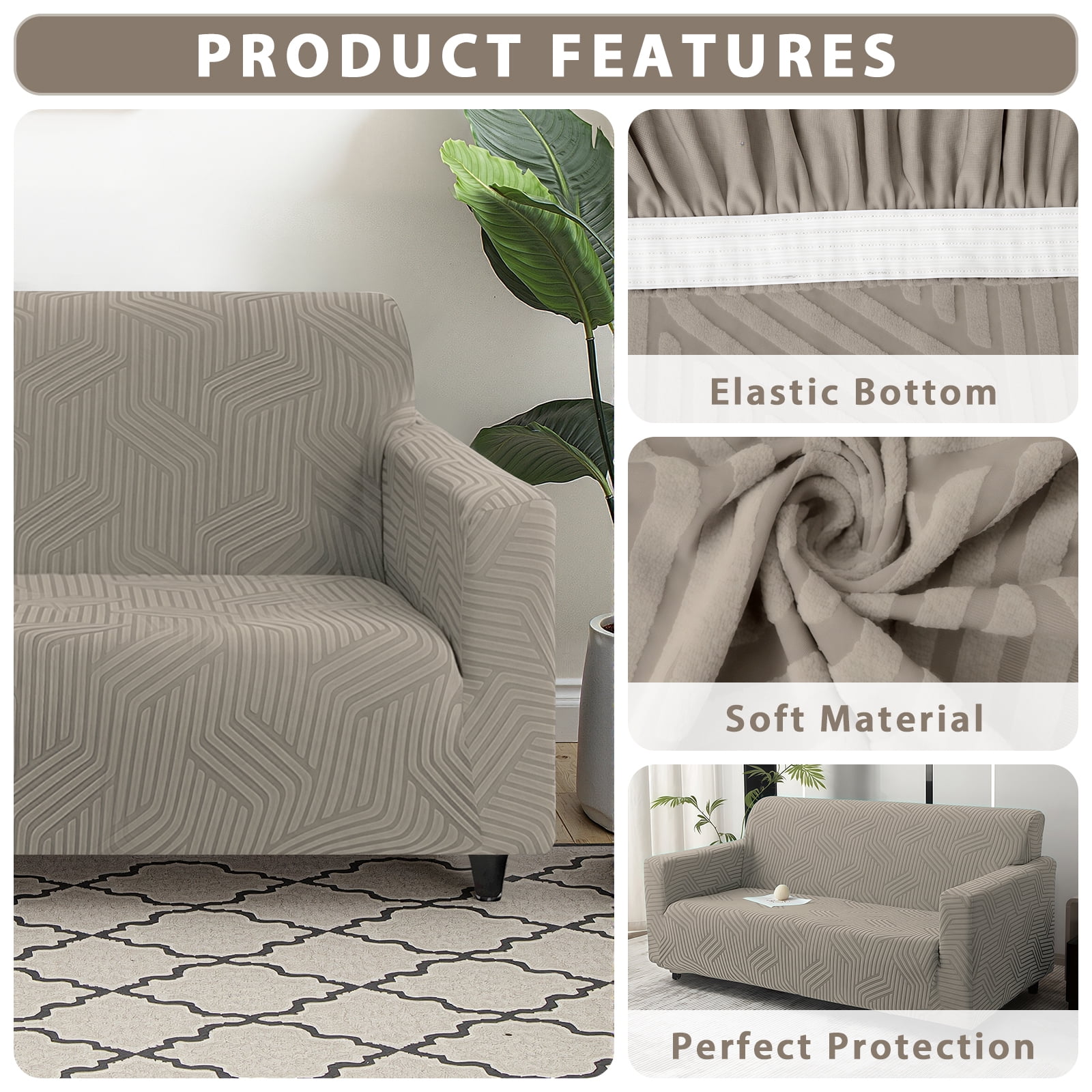 MJIAexp (31"-46") Stretch Sofa Cover Slipcover,Couch Covers for 1 Cushion Couch Sofa with sofa armrest,Pet Friendly Furniture Protector Sofa with Elastic Bottom for Kids,Jacquard lines(Khaki)