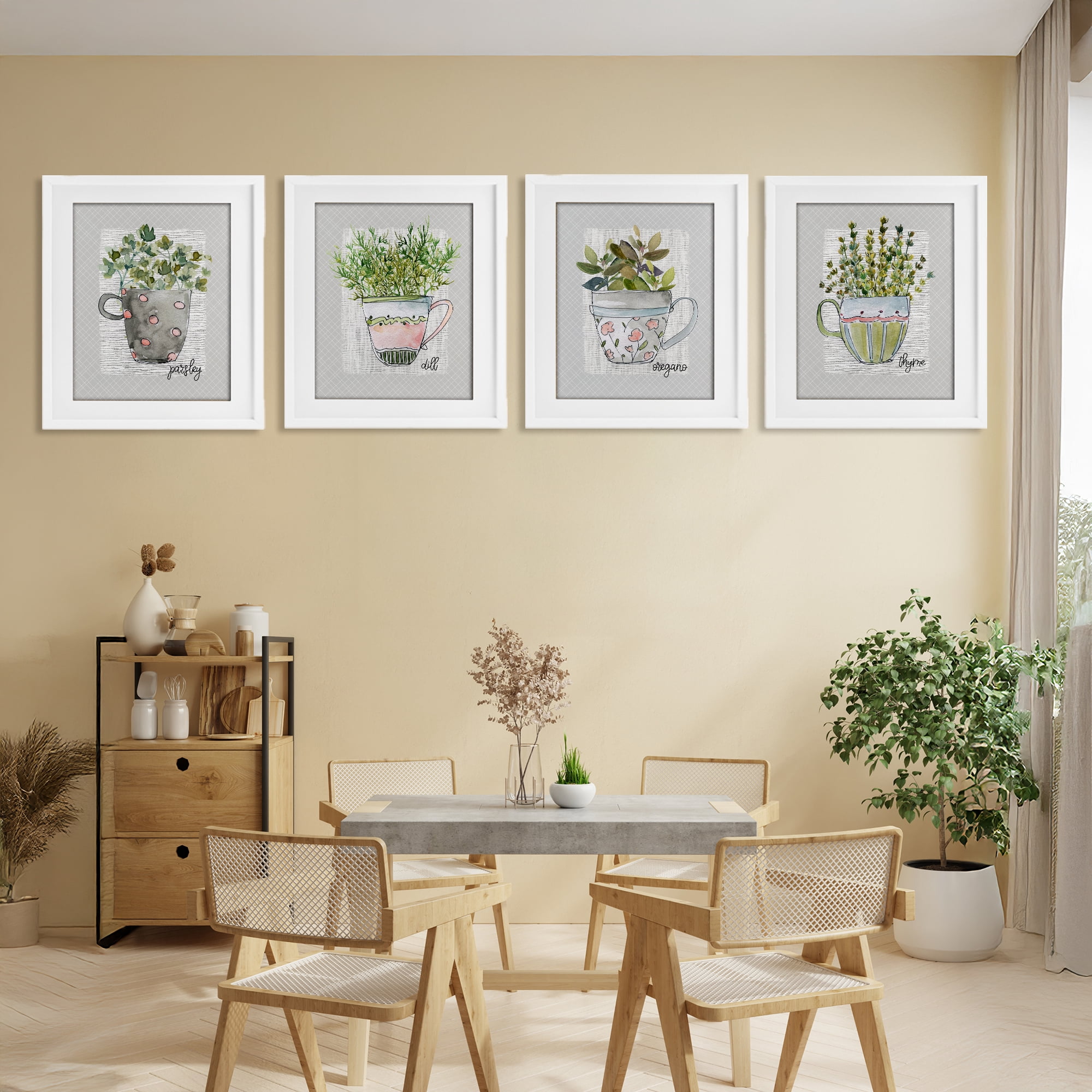 Stupell Industries Kitchen Herbs in Mugs 4 Piece White Framed Print Under Glass Set, design by Livi Finn