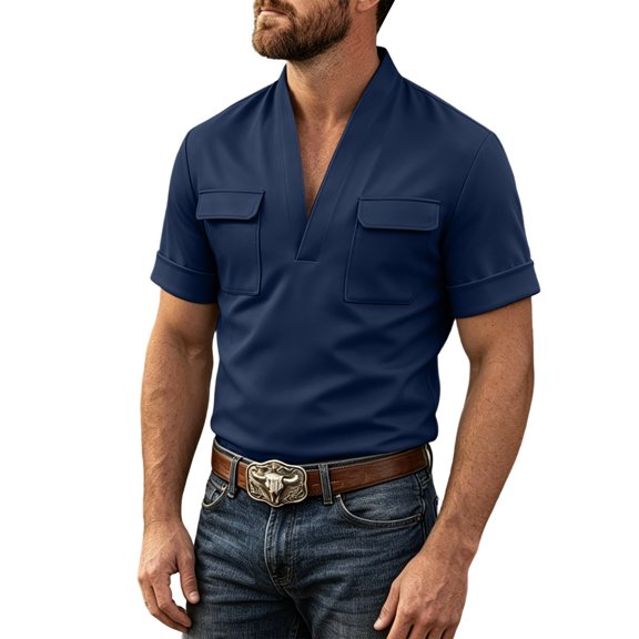 Kezqiaxn Mens Short Sleeve Shirts Summer Casual V-Neck Business Work Tops with Pockets Mens Shirt Plus Size Fashion