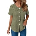 thumbnail image 4 of Craaazy Women Casual Tops Loose Fit Solid Color Ruffle Collar Button Front Short Sleeve Cotton Tops for Vacation Gift, 4 of 6