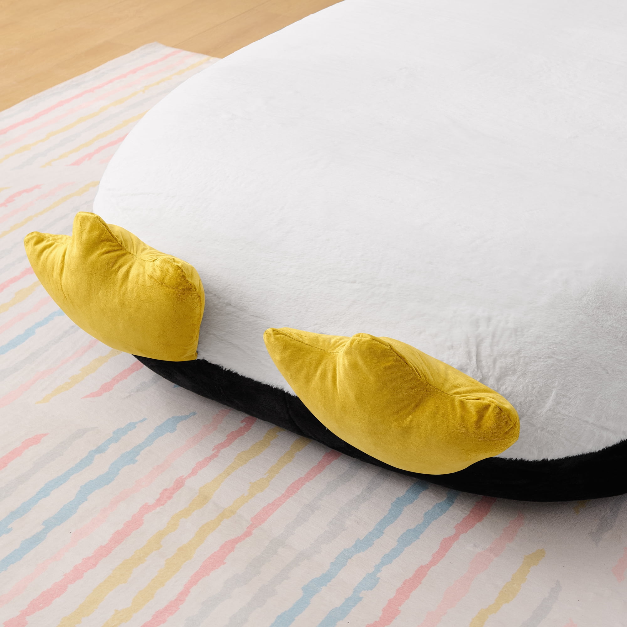Mintazer Twin Penguin Shaped Kids Floor Bed, Fluffy Faux Fur Upholstered Toddler Lounger Bed for Boys Girls Bedroom, No Box Spring Needed