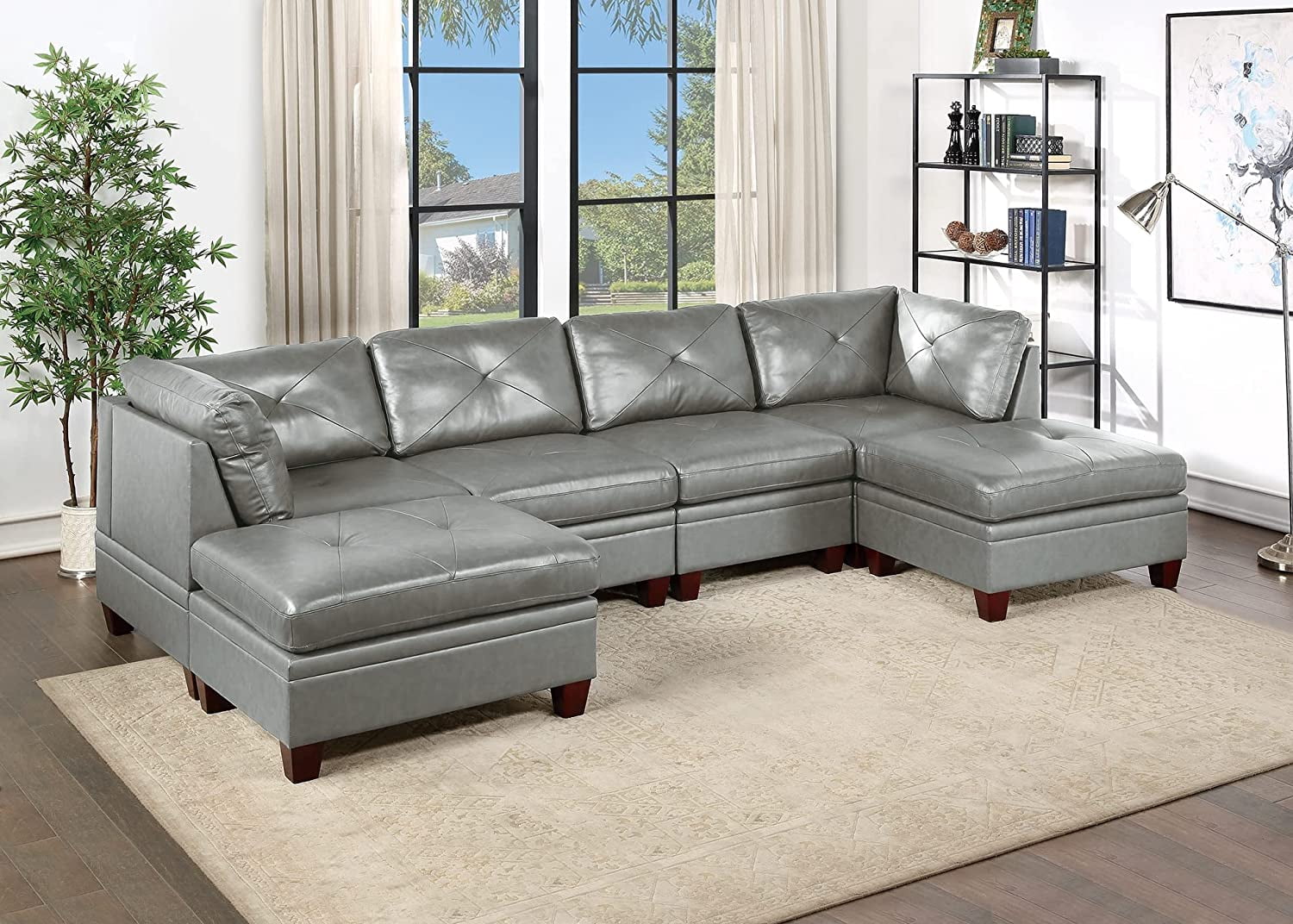 Moselota Genuine Leather Sectional Sofa Chair Ottomans 6pc Set Grey