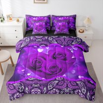 Manfei Purple Flower Floral 7-Piece Bedding Comforter Set,Purple White Paisley King Bedding Sets,Romantic Theme Bed Sheets For Men Women,Luxury Bedroom Decor Reversible