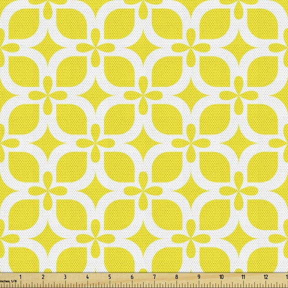 Yellow White Fabric by the Yard, Geometrical Ornament with Floral Motifs Simplistic Retro Mosaic Grid, Decorative Upholstery Fabric for Chairs & Home Accents, 2 Yards, Yellow White by Ambesonne