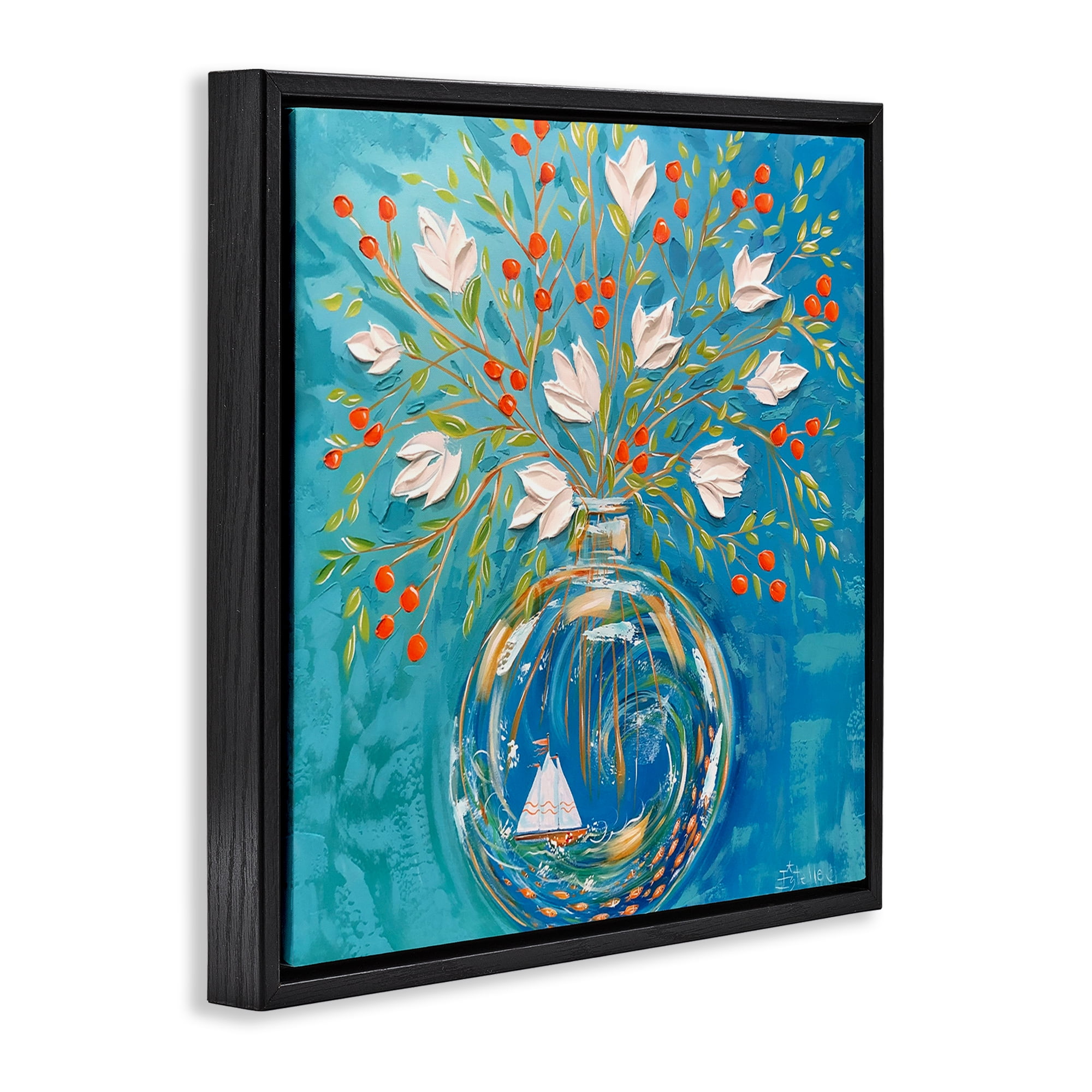 Stupell Industries Sailing Ship Flower Vase Plants & Flowers Painting Black Floater Framed Canvas Art Print Wall Art, 25 x 25
