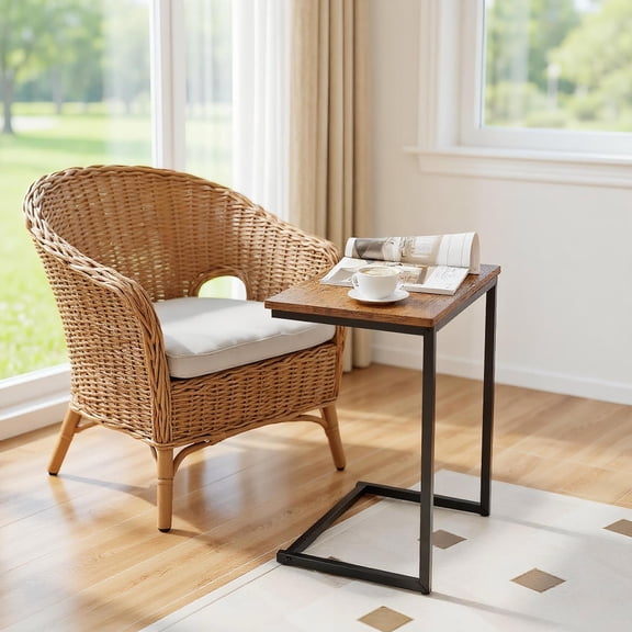 Topcobe C-Shaped Industrial End Table with Metal Frame, Small TV Tray Table for Living Room, Bedroom, Balcony, Stylish Design, Brown