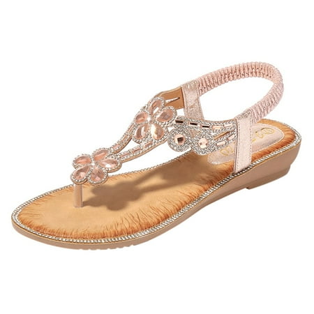 

Strappy Sandals For Women Bling Bohemia Crystal Flower Beach Sandal Pink 41