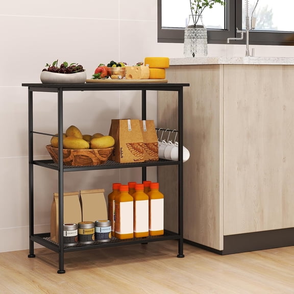 3-Tier Small Bakers Rack with Storage Open Shelf, Microwave Cart with Wheels, Industrial Style Microwave Stand with Metal Frame & Wooden Top, Mobile Kitchen Serving Cart (Black)