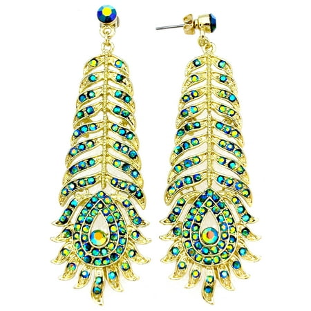 Swarovski Emerald Green Cufflinks - Faship Gorgeous Emerald Green AB Crystal Peacock Feather Dangling Earrings