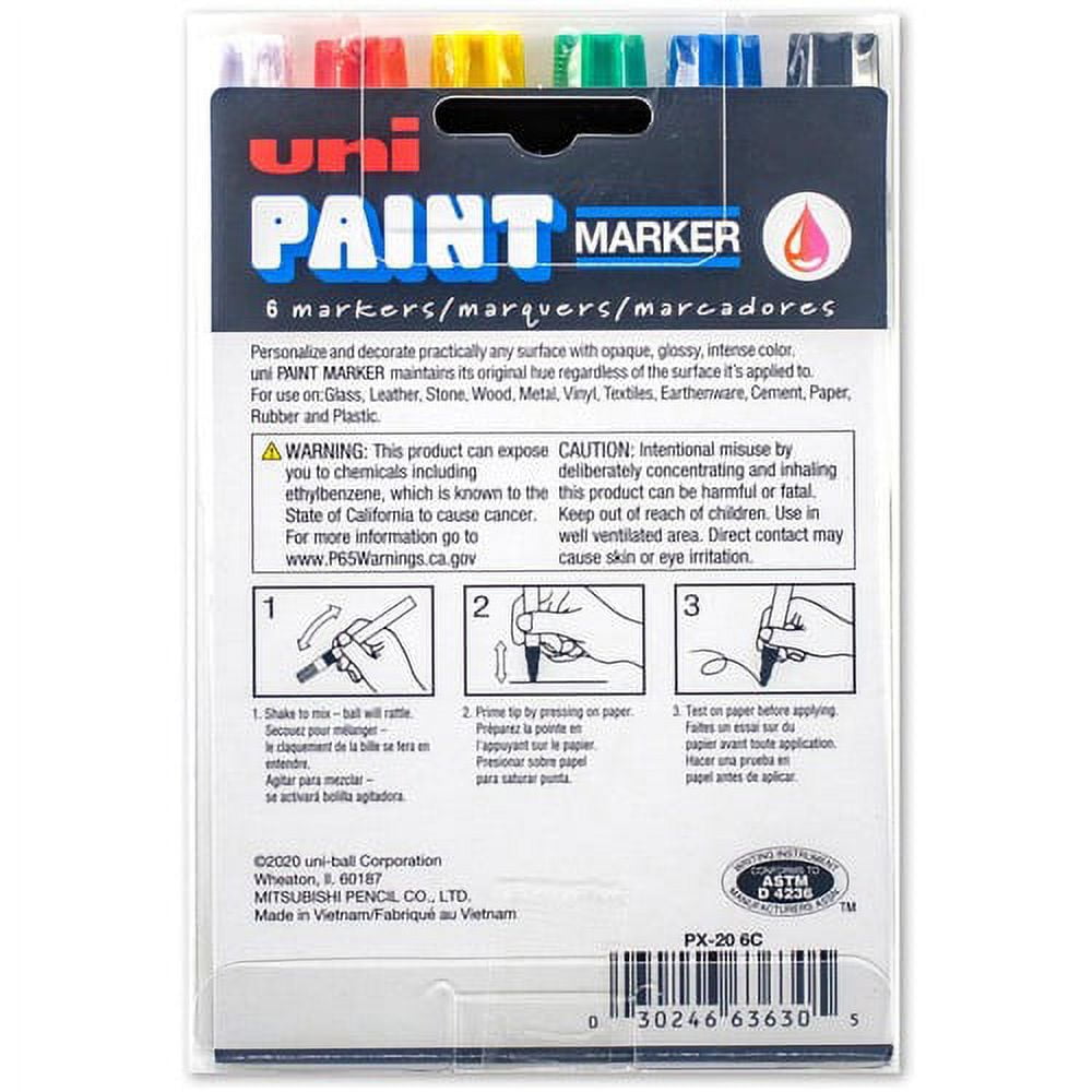 uni-ball Uni-Paint PX-20 Oil-Based Medium Point Marker Medium Marker Point - Assorted, Blue, Red, Green, Yellow, Black Oil Based Ink - White Barrel - 6 / Set