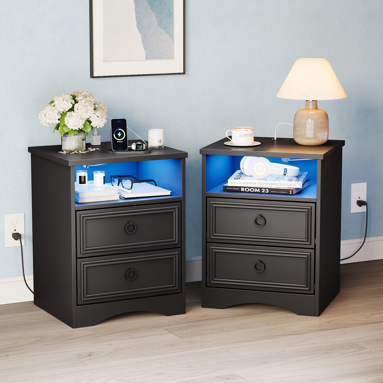 LGHM Nightstands Set of 2 with Charging Station & LED Light, Bedside Table with 2 Drawers for Bedroom, Living Room, Gray