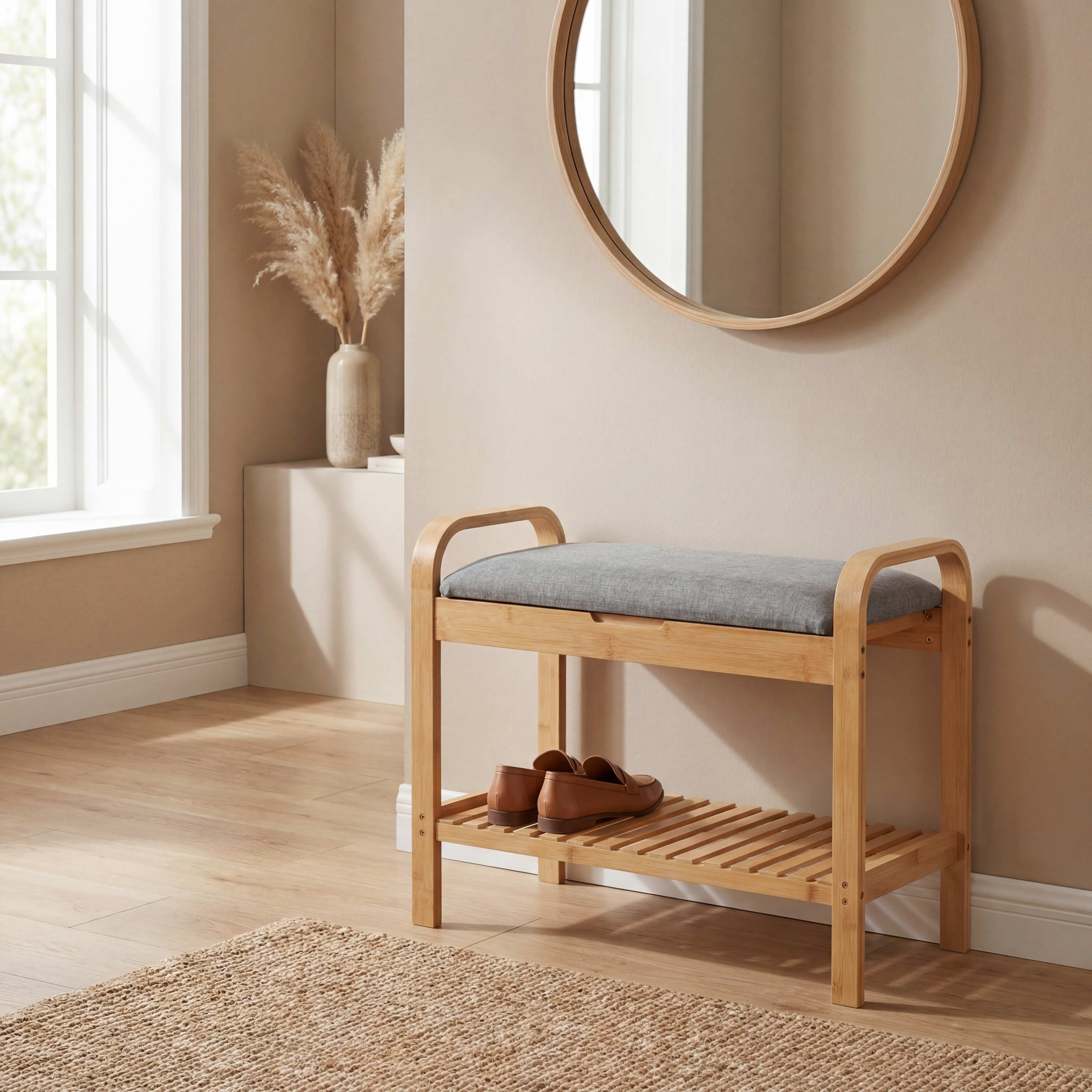 ELLEGNT 2-Tier Shoe Rack Bench with Upholstered Seat – Solid Wood Shoe Storage Organizer for Entryway
