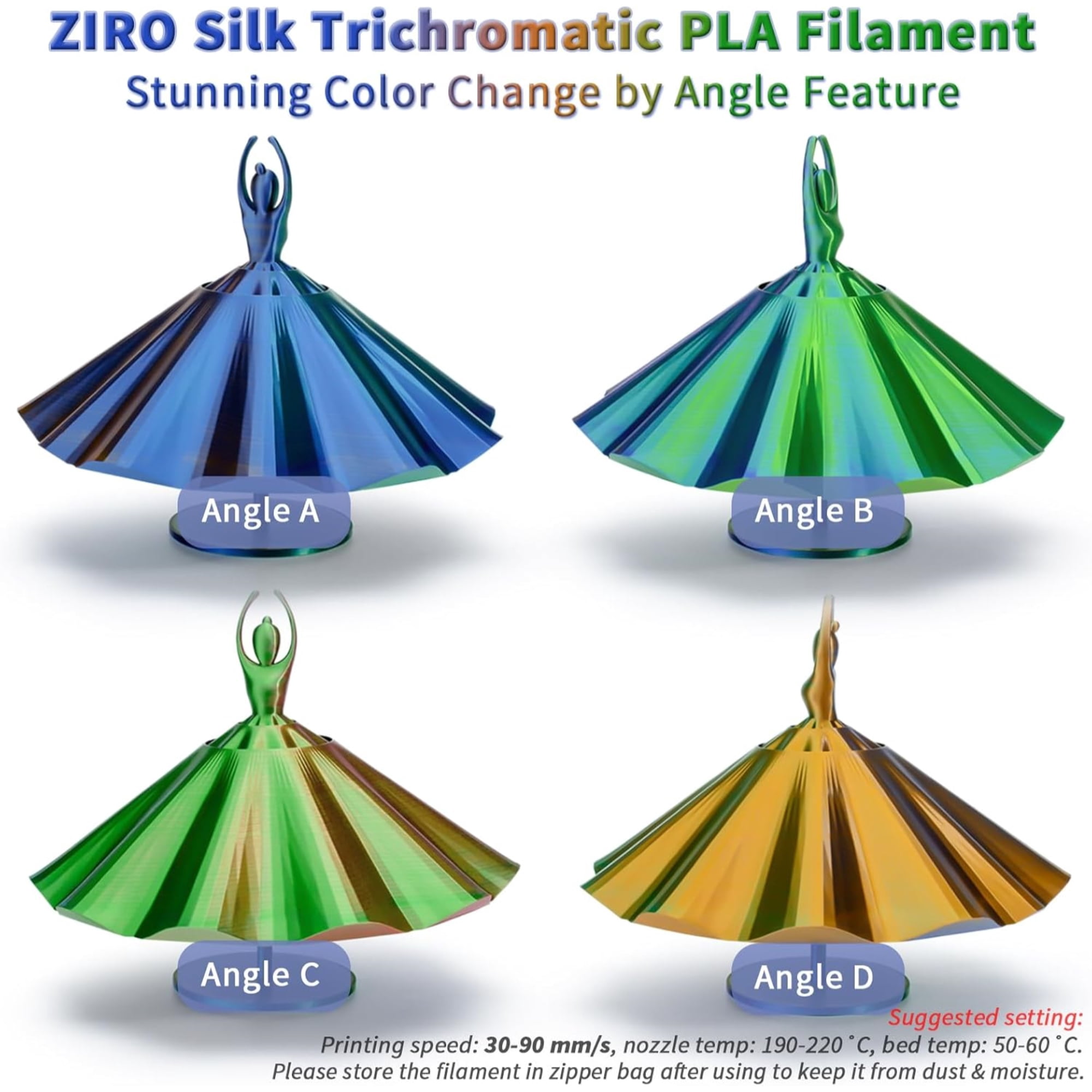 Ziro 3D Tri-color Silk PLA 1.75mm  1kg, Golden Oasis