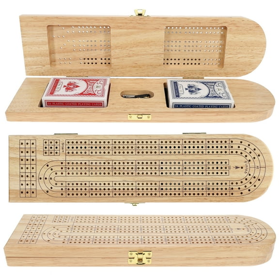 Pacific Shore Games Wooden Travel Cribbage Board Game Set, Continuous 3 Track, Natural