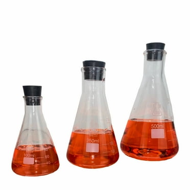 Erlenmeyer Flask Borosilicate Glass Conical Flask 3-Piece SET (100-250-500ml) with Rubber Stoppers