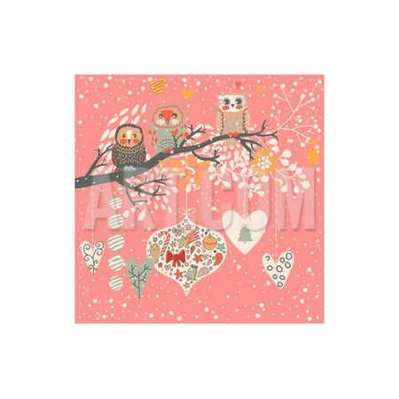 Happy New Year Art - Cute Christmas Background with Funny Owls on the Branch and Balls. Happy New Year with Tree, Candy, Print Wall Art By smilewithjul