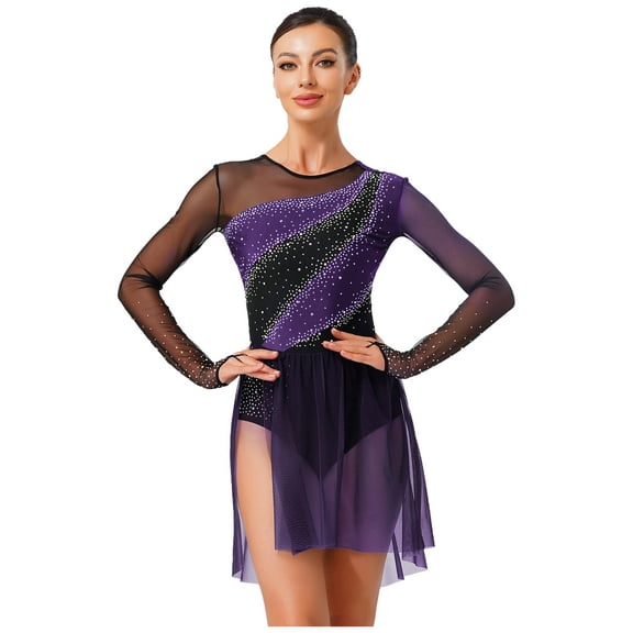 iiniim Women's Color Block Lyrical Dance Dress Long Sleeve Rhinestone Figure Skating Ballet Dancewear Purple M